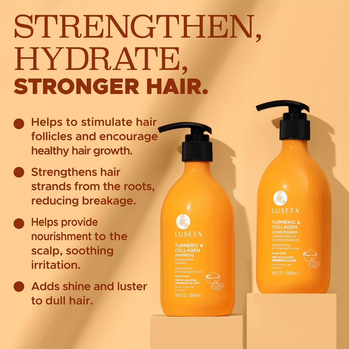 Luseta Volumizing Shampoo and Conditioner Set for Thin Fine Hair - Thickening & Plumping with Turmeric & Collagen, Lightweight Body Building for Flat