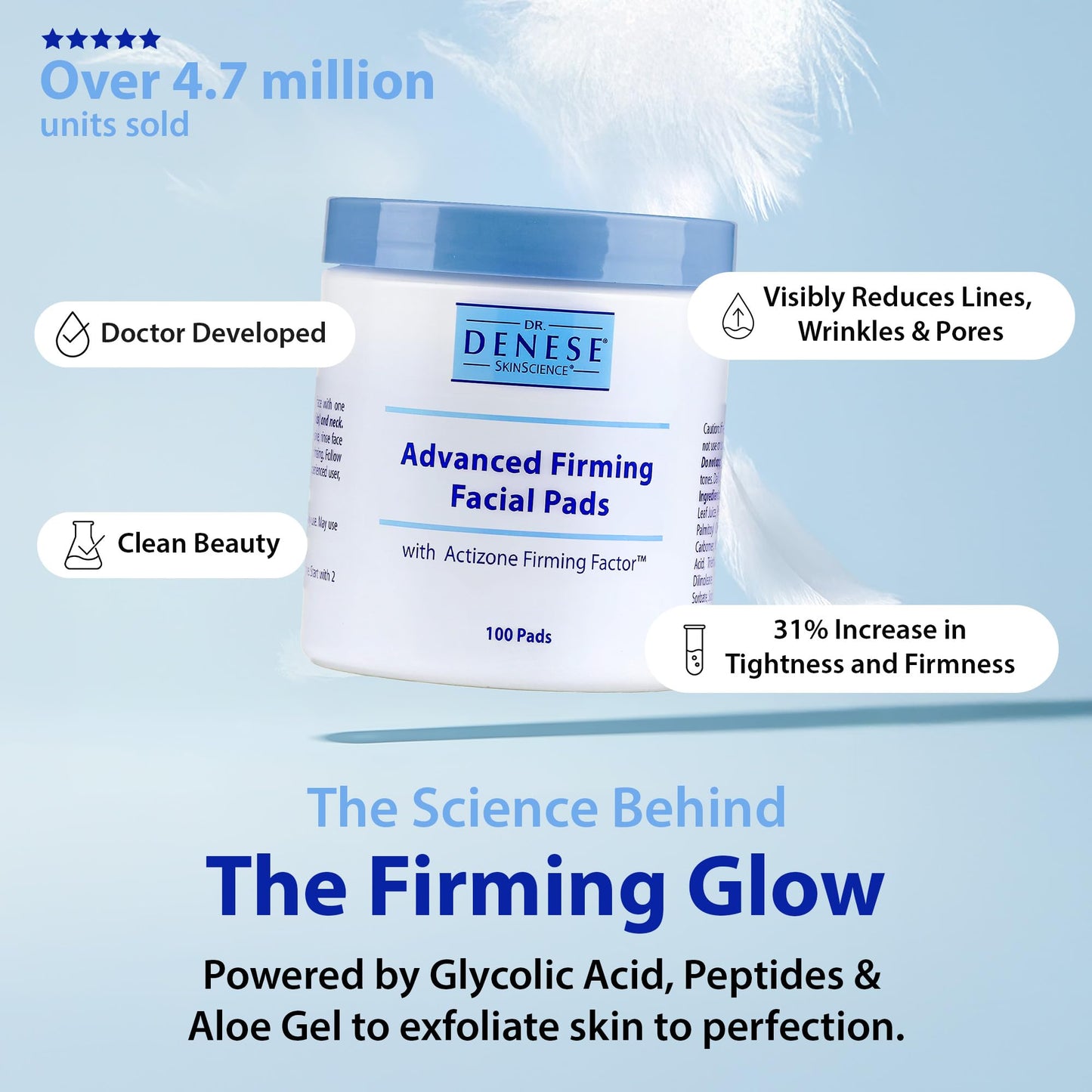 Dr. Denese SkinScience Advanced Firming Facial Pads 100 Count - Professional Exfoliator with Glycolic Acid, Peptides and Aloe for Smooth Radiant Skin