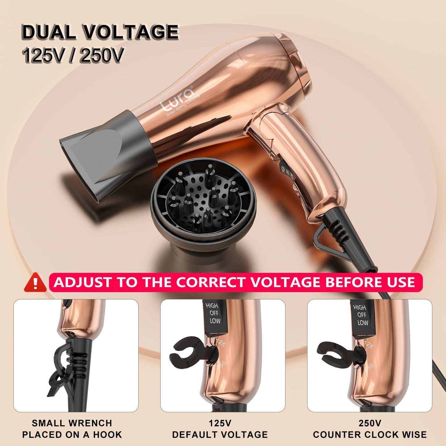 LURA Mini Portable Travel Hair Dryer:Dual Voltage Small Lightweight Blow Dryer with EU Plug,1200W Compact Hairdryer with Folding Handle,with