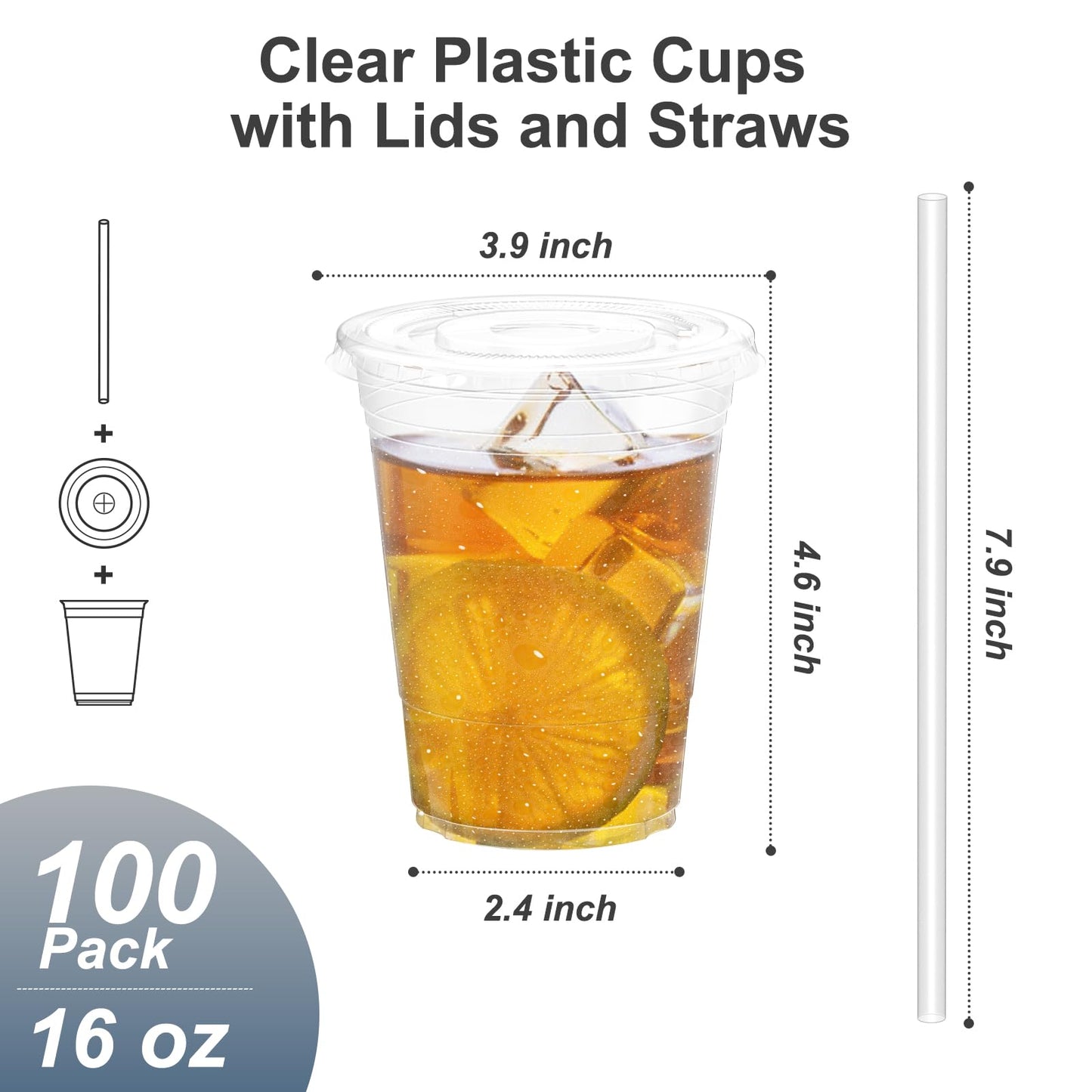 Dealusy 100-Pack 16oz Clear Plastic Cups with Lids & Straws – Sturdy Disposable Iced Coffee & Smoothie Cups for Cold Drinks