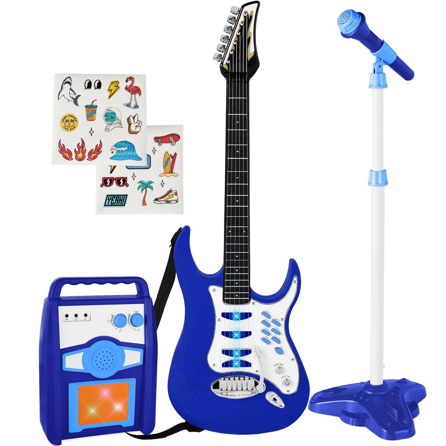 Best Choice Products Kids Electric Guitar Play Set – Toy Starter Kit with Mic, Amp, AUX, Whammy Bar, 6 Songs & Stickers – Blue
