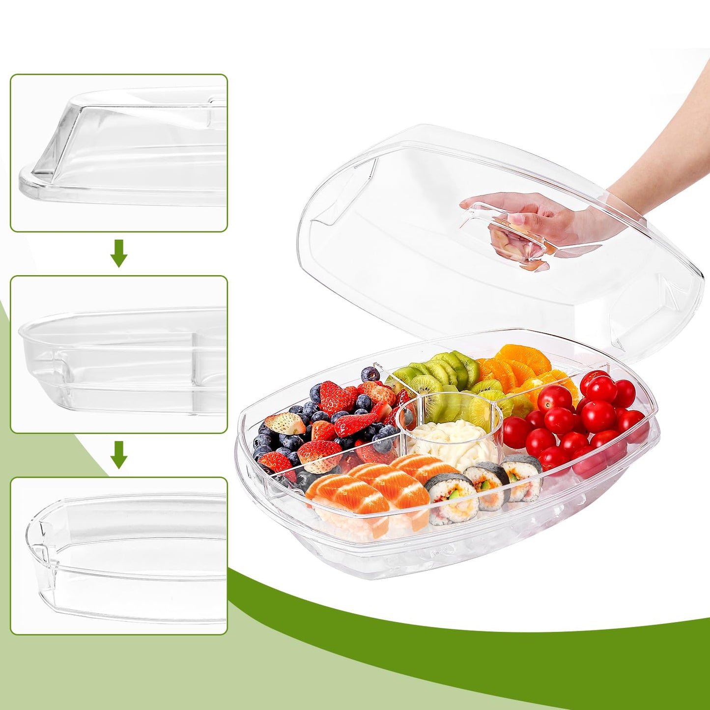 IVYHOME 3-Tier Chilled Serving Tray with Lid, 15" Fruit Ice Serving Platter with 4 Compartments, Shrimp Cocktail Serving Dish, Divided Serving Bowl…