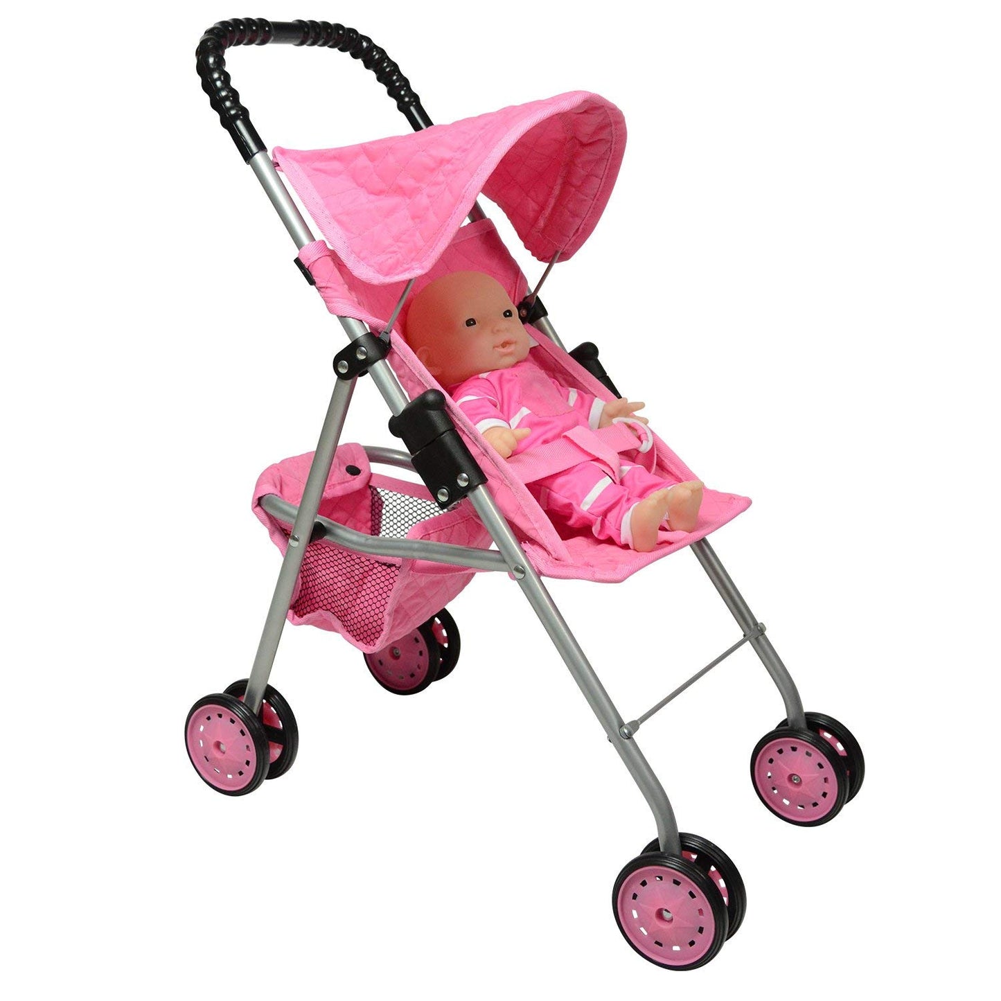 The New York Doll Collection My First Doll Stroller with Basket, Foldable Doll Stroller (Pink Quilted)