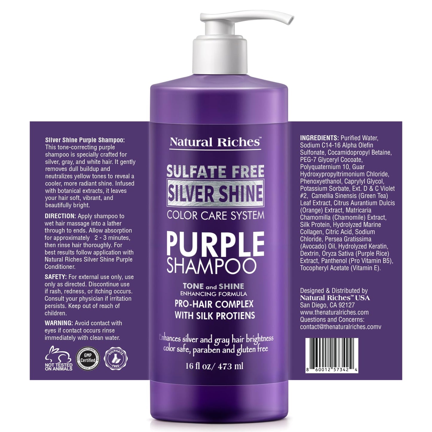 Natural Riches Radiant Silver Shine Purple Shampoo and Conditioner Set for Gray Hair - Paraben-Free and Color Safe - With Silk Proteins, Tones Dull