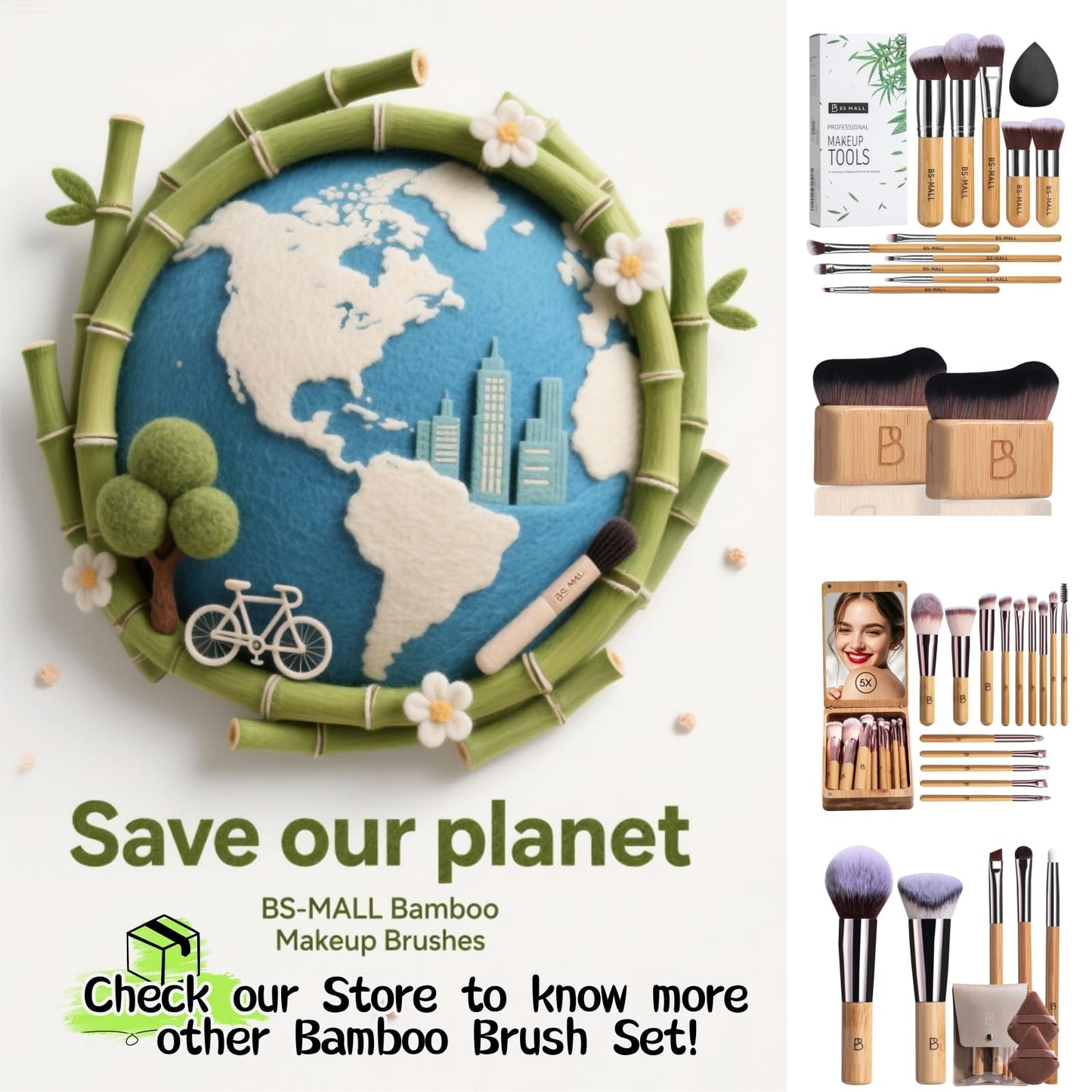 BS-MALL Makeup Brush Set 11Pcs Bamboo Synthetic Kabuki Brush Set Foundation Powder Blending Concealer Eye shadows Blush Cosmetics Brushes
