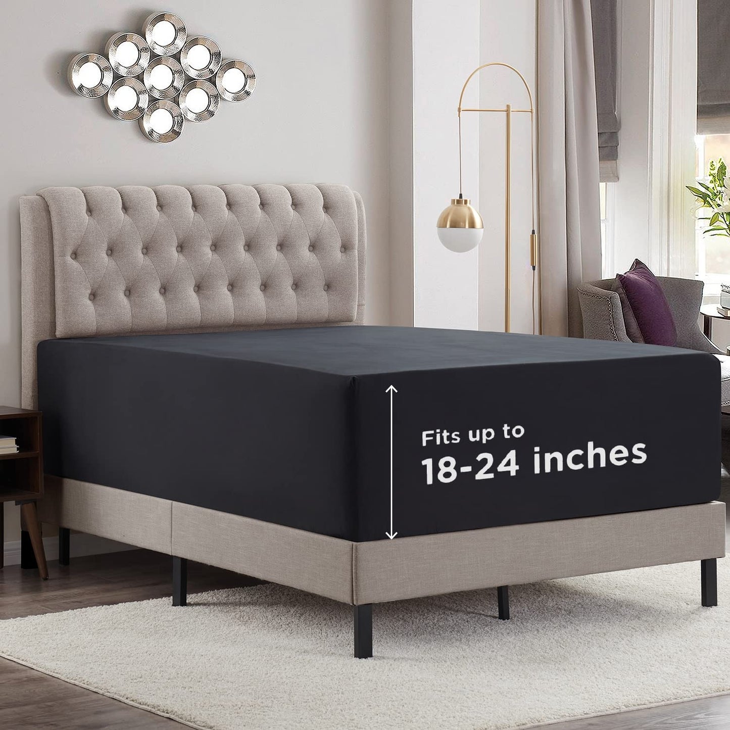 Empyrean Black Extra Deep Pocket King Fitted Sheet Only, Hotel Luxury King Size Fitted Sheets Easily Fits 18 to 24 Inch Mattress, Super Soft,