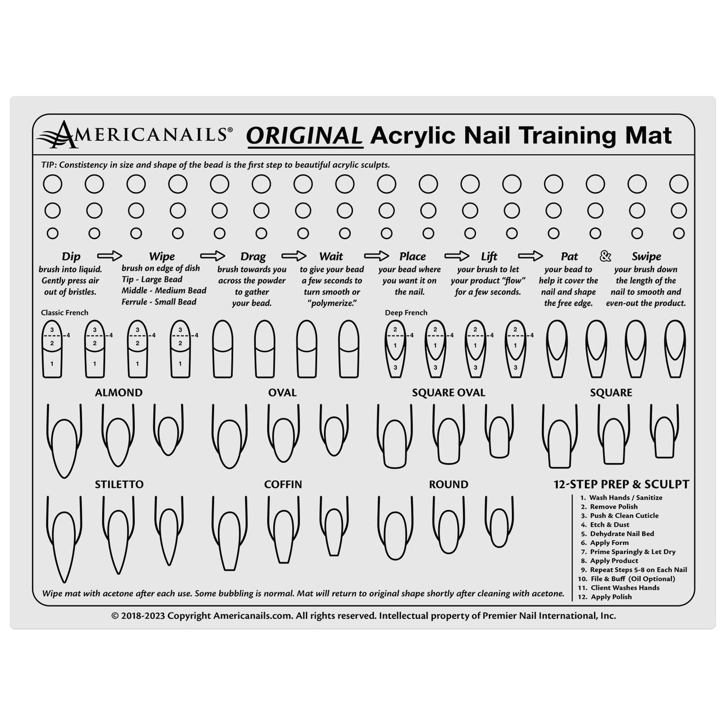 Americanails Acrylic Nail Training Mat - Silicone Trainer Sheet for Application Practice, Flexible Roll Up Pad Template for Acrylic Fingernails, Learn