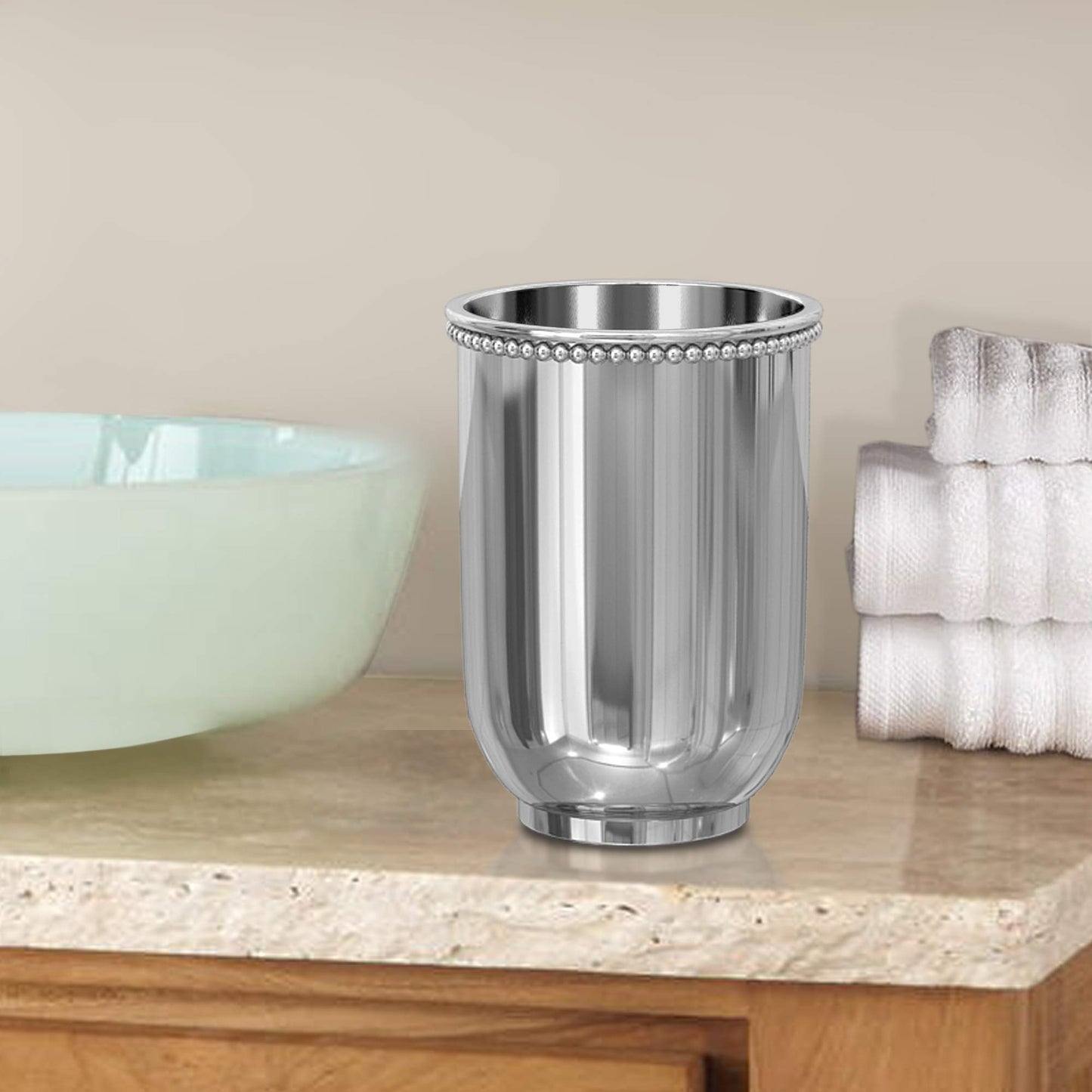 nu steel CHC5H 18/8 Stainless Steel Chic Collection Beaded, Decorative, Cup Holder, Tumblers for Bathroom Countertops, Desk, Dorm, and Vanity Shiny
