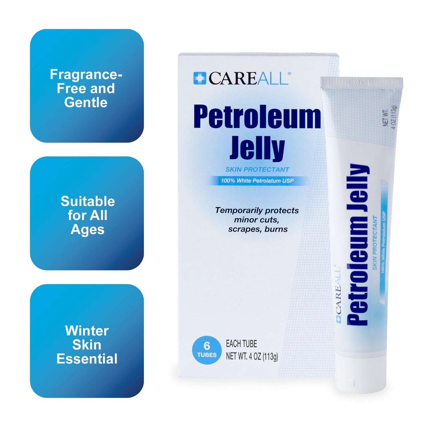 CareALL Petroleum Jelly 4 Oz. Tube (6 Pack), Unscented, 100% Pure White Petrolatum Jelly USP, Moisturizer for Dry Cracked Skin and Lips, Protectant