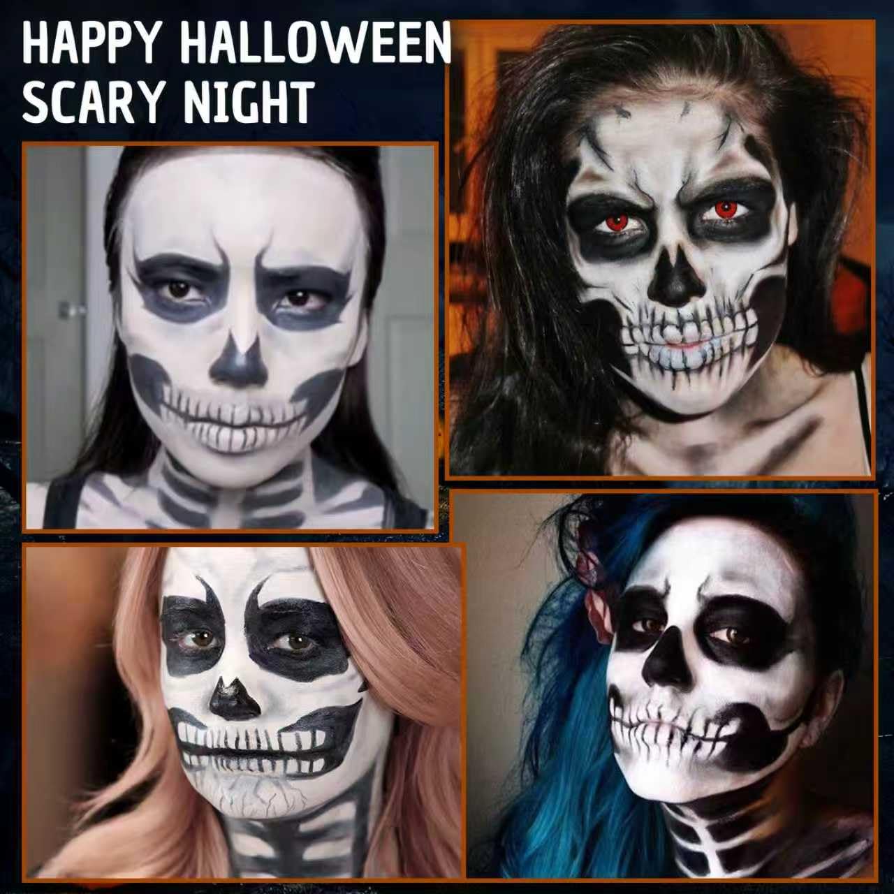 Professional Halloween Skeleton Makeup Kit, Full Face & Body Paint Set with Dual-End Brushes, Setting Powder & Easy-Grip Sponges, Ideal for SFX