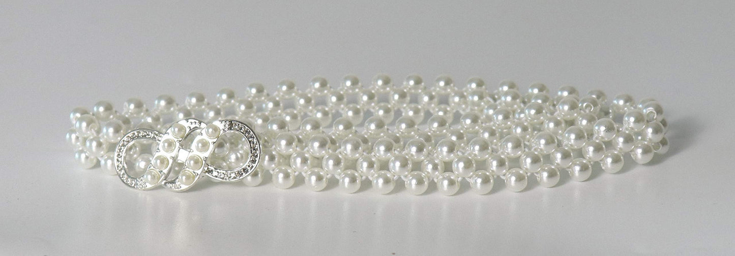 Ulalaza Women Stretch Imitation Pearl Belt,Rhinestones Interlocking Buckle Dress Elastic Waist Belts for Party Dress and Wedding Dresses Sash