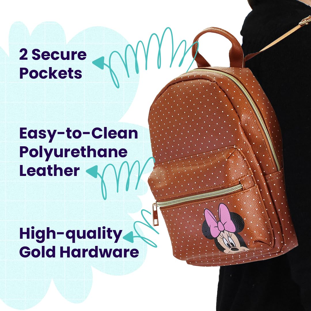 Disney Minnie Mouse with Polka Dots Mini PU Leather Backpack Purse with Adjustable Straps 10 Inch (Brown, One Size)