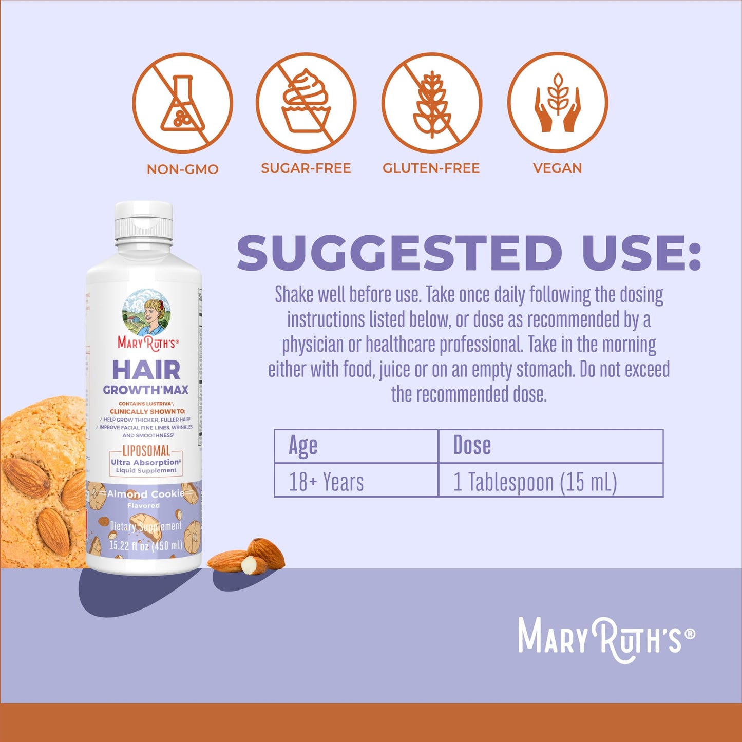 MaryRuth Organics Women's Hair Growth MAX Liposomal | with Lustriva® + Biotin 10000mcg + Pumpkin Seed Oil | Thicker Hair | Hair Care