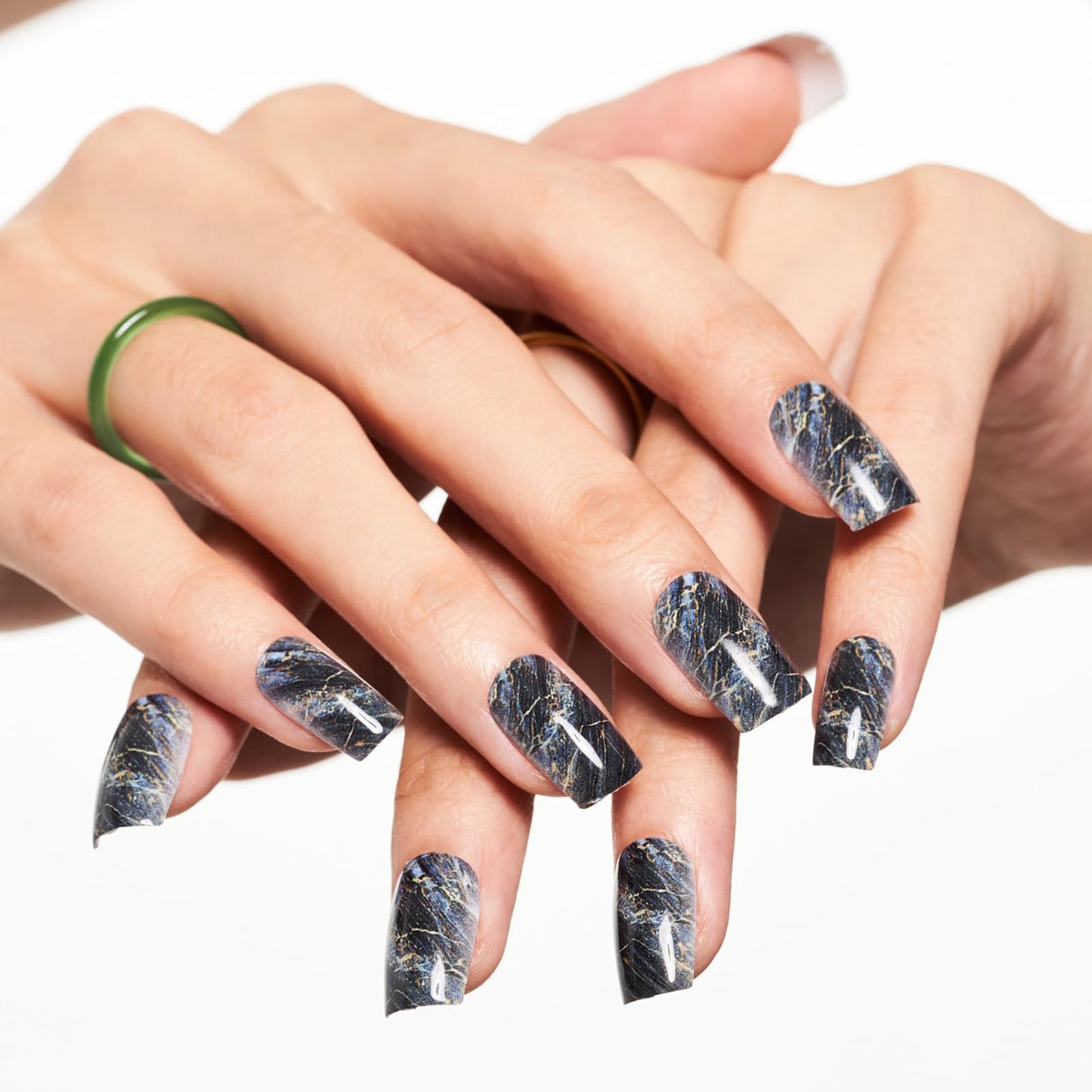 GLAMERMAID Ombre Press on Nails Medium Square, Fall Peacock Blue Marble Jelly Soft Gel Nails Square Fake Nail, Glossy Stick Glue 0n Nail Kit