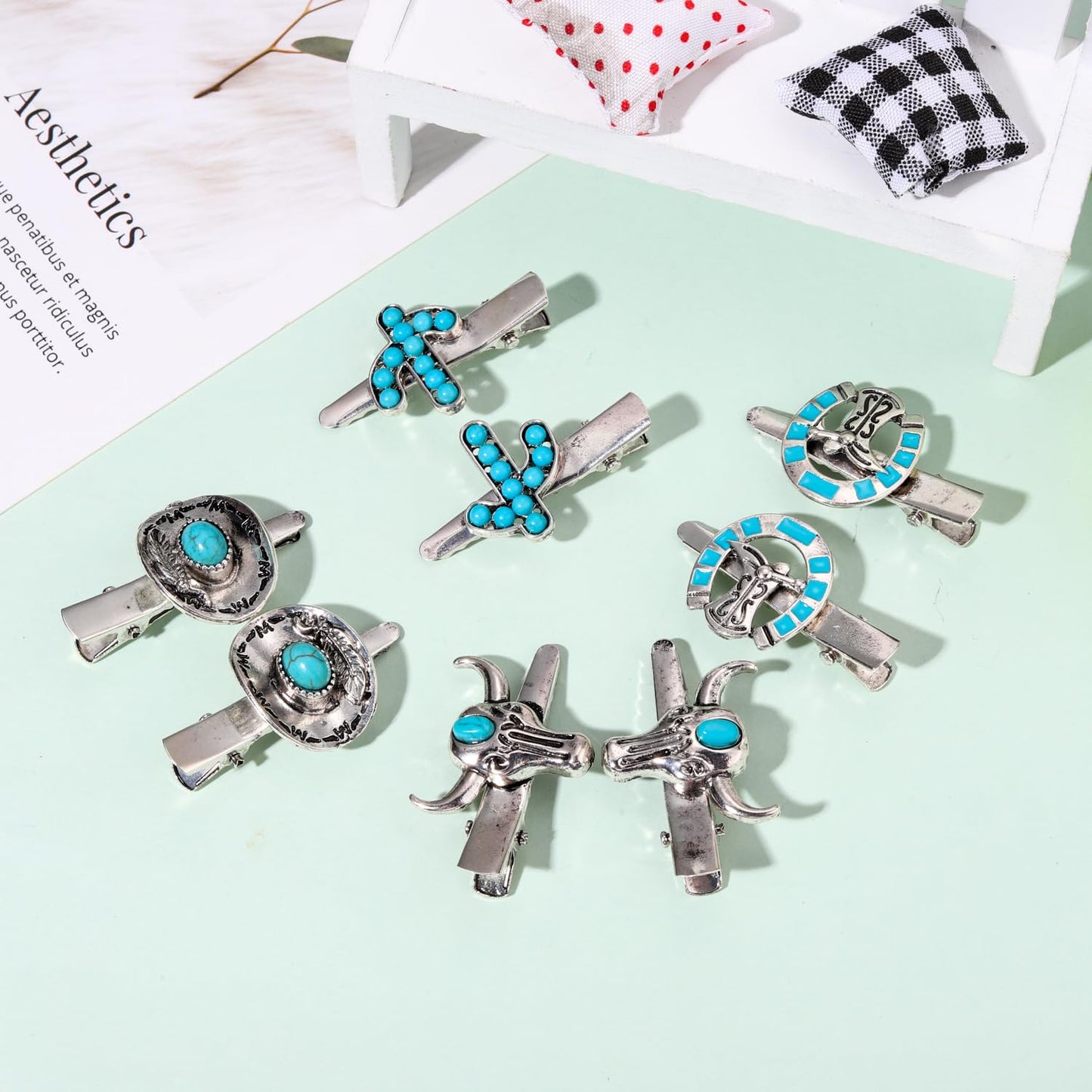 Western Cowboy Cowgirl Boot Hat Hair Clips - 8PCS Vintage Turquoise Star Lightning Cactus Hairpins - Women's Hair Accessories (Pattern A)