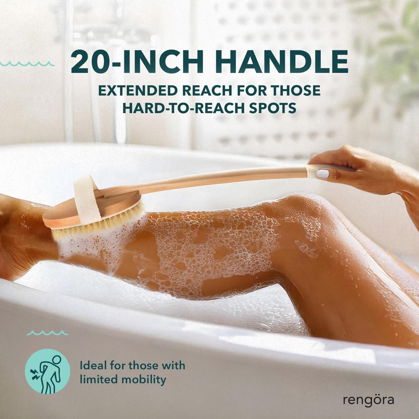 Back Scrubber for Shower - 20" Long Handle Shower Brush - Natural Bristle Back Brush - Ergonomic Handle + Silicone Anti-Slip Grip - Great Gift Idea