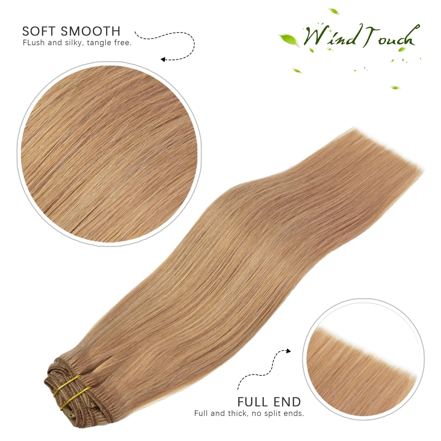 WindTouch Clip in Hair Extensions Real Human Hair Dark Blonde Hair Extensions 15Inch Straight 7PCS #12 Reddish Blonde 75g Human Hair Clip