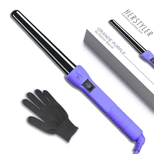 Herstyler Grande Ceramic Tapered Curling Wand - 1 inch Dual Voltage with Negative Ions for Long and Short Hair (Purple)