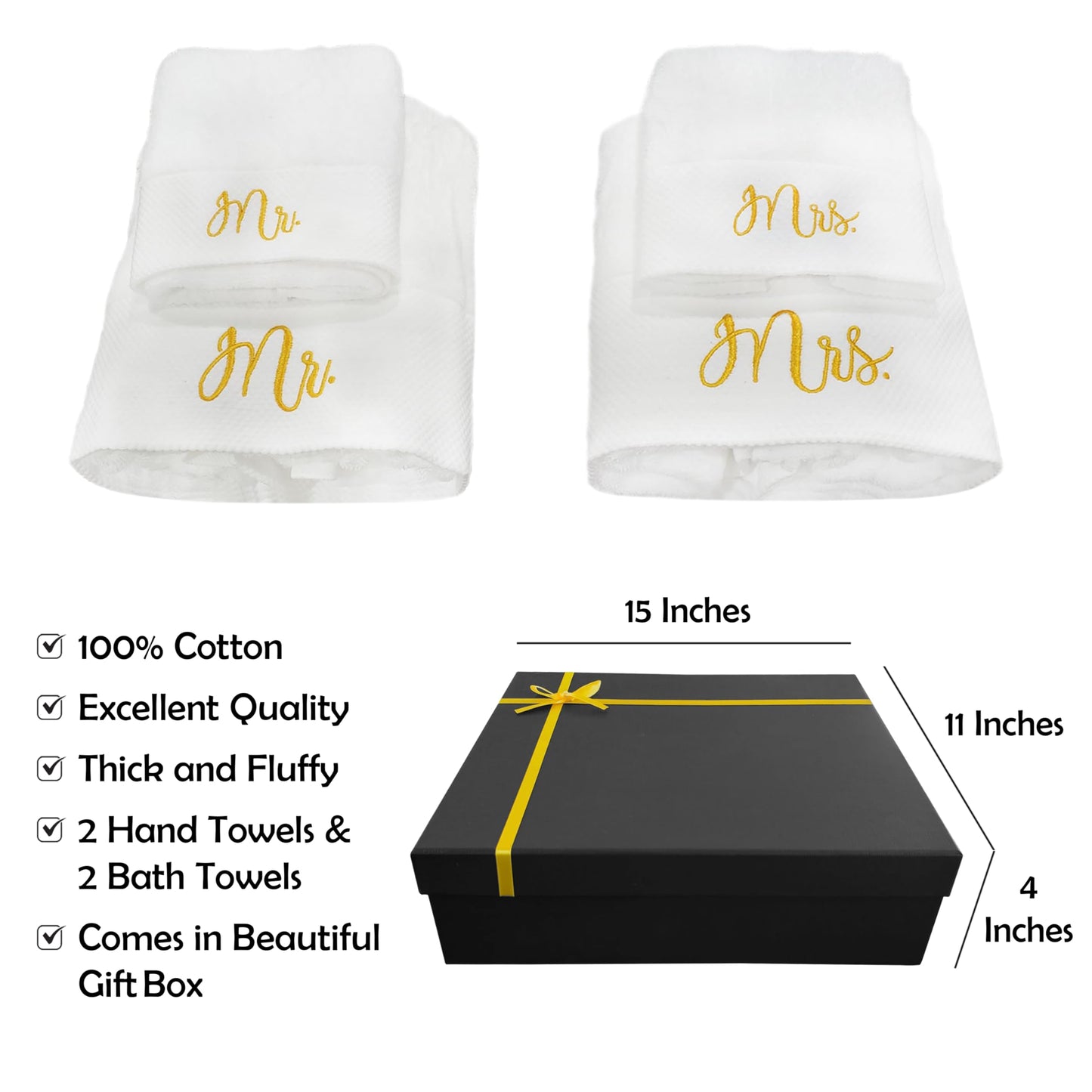 RUBBER BOND Mr and Mrs Towels Set with Gift Box - 4 Pack Bath & Hand Towels for Couples - Cotton Towels Set - Wedding, Honeymoon Gifts - White…
