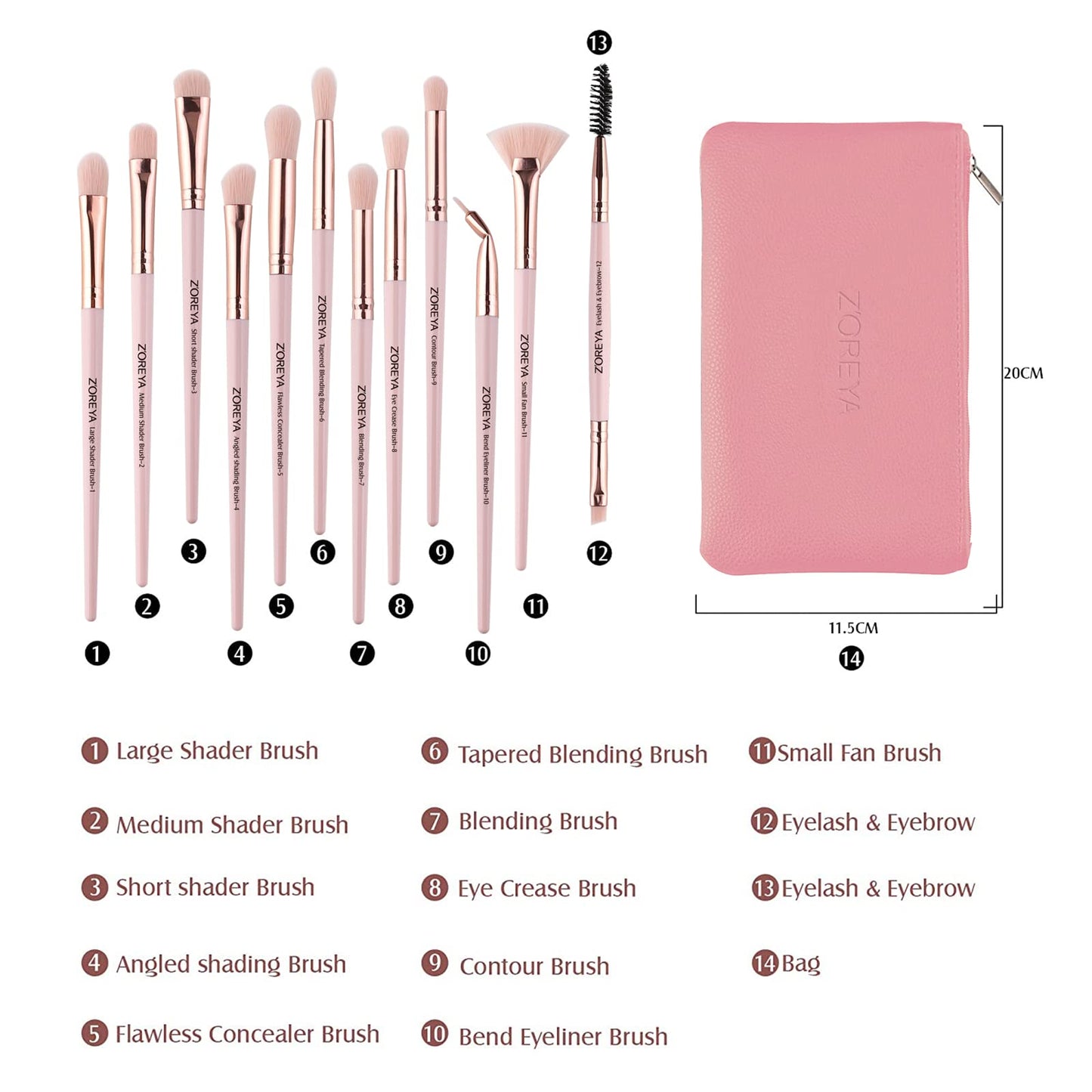 Z'OREYA Eye Makeup Brushes, 12 Pcs Professional Eye Brush Set Eyeshadow, Eyebrow, Blending, Fan, Eyelash Brushes Set With Carrying Bag (Pink)
