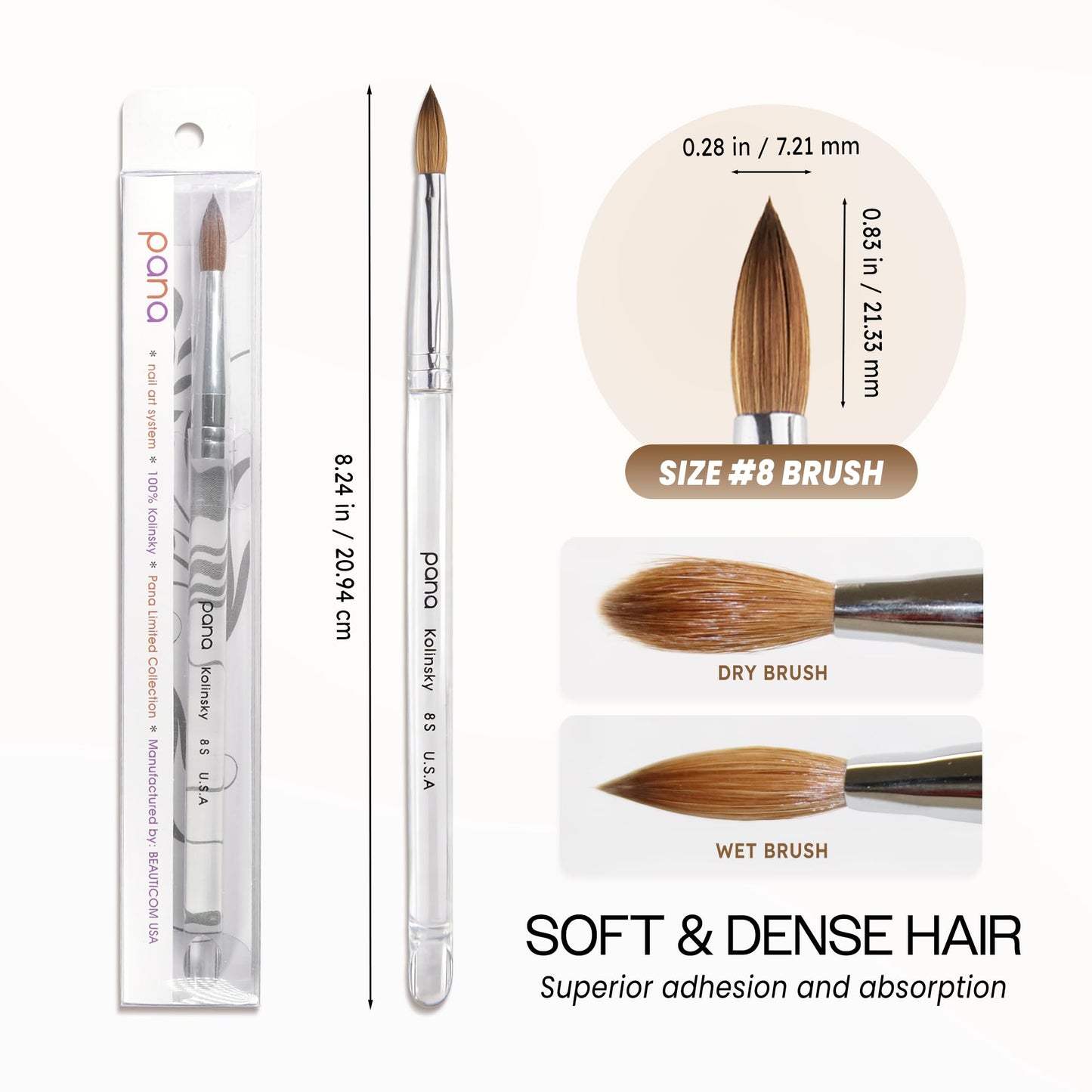 PANA Pure Kolinsky Hair Acrylic Nail Brush - Oval Crimped Clear Acrylic Handle (Size 8) Beauty & Personal Care PANA