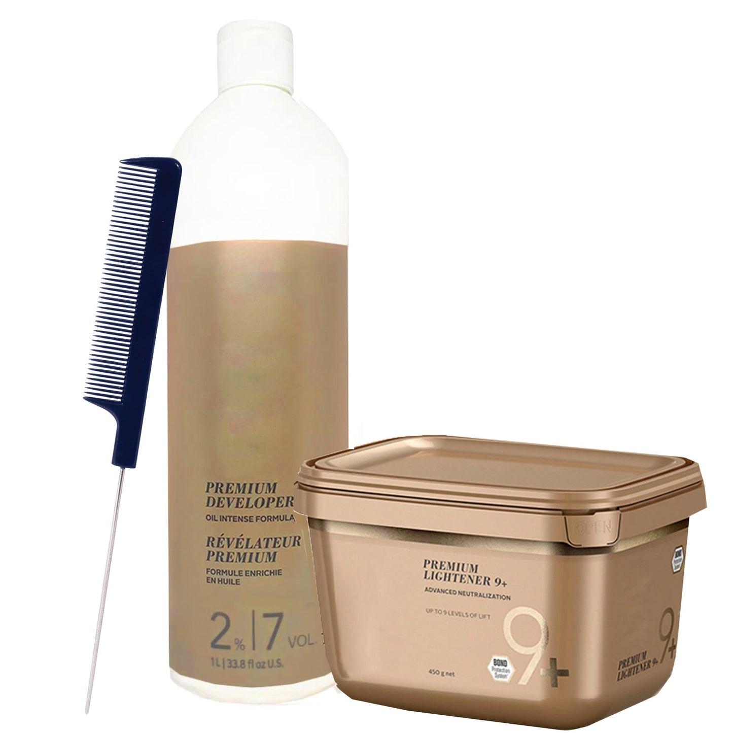 Blonde Me Lightener 9+ Bleach 450g with Blonde Me 2% / 7 Volume Developer 1L and Pin Tail Comb - Professional Hair Bleaching Kit for Subtle Lift