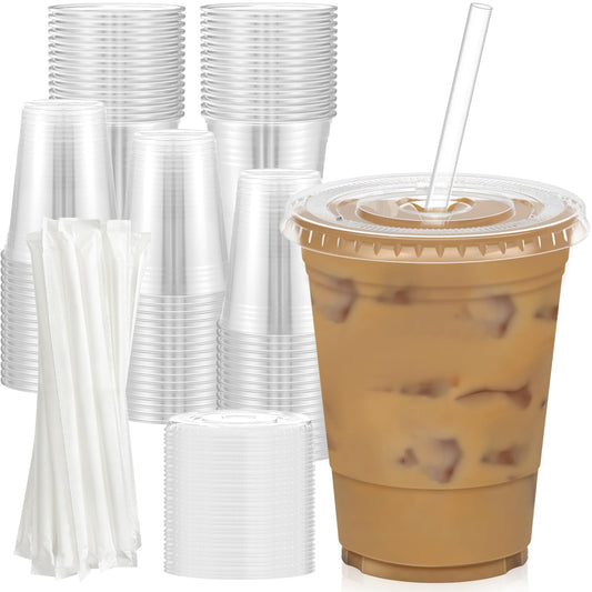 Dealusy 100-Pack 16oz Clear Plastic Cups with Lids & Straws – Sturdy Disposable Iced Coffee & Smoothie Cups for Cold Drinks