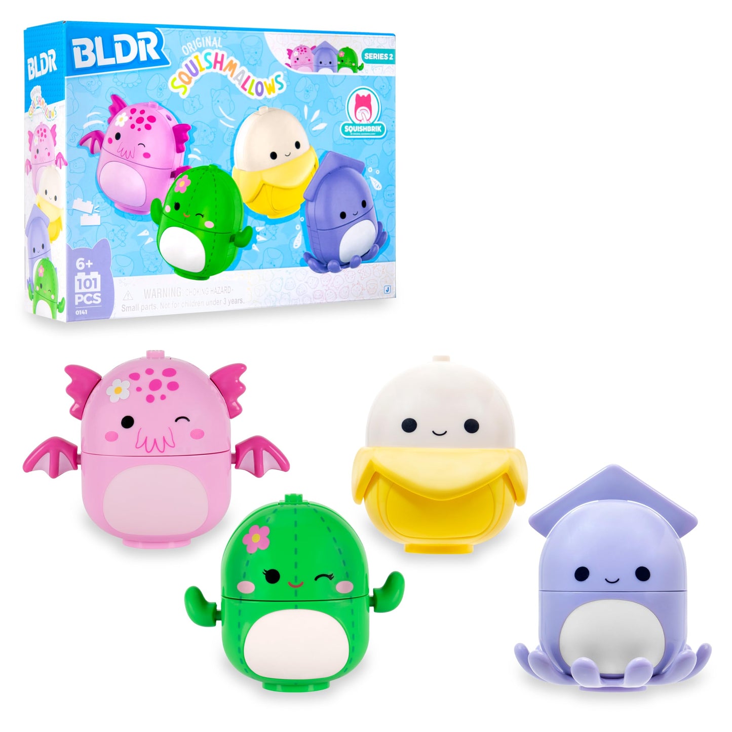 BLDR Squishmallows Buildable Figure Multipack - Junie The Banana, Maritza The Cactus, Shea The Cthulhu, Stacy The Squid - Squishmallows Fans 8+, 0141