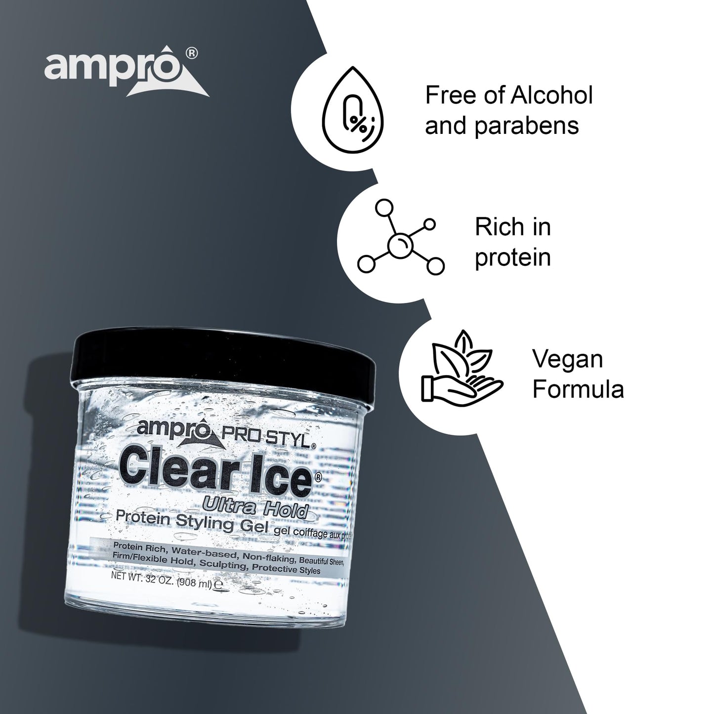 Ampro Pro Styl Clear Ice Styling Gel - Protects and Strengthens Your Strands - Non-Flaking, Alcohol Free, Vegan Formula - Flexible, Touchable Hold