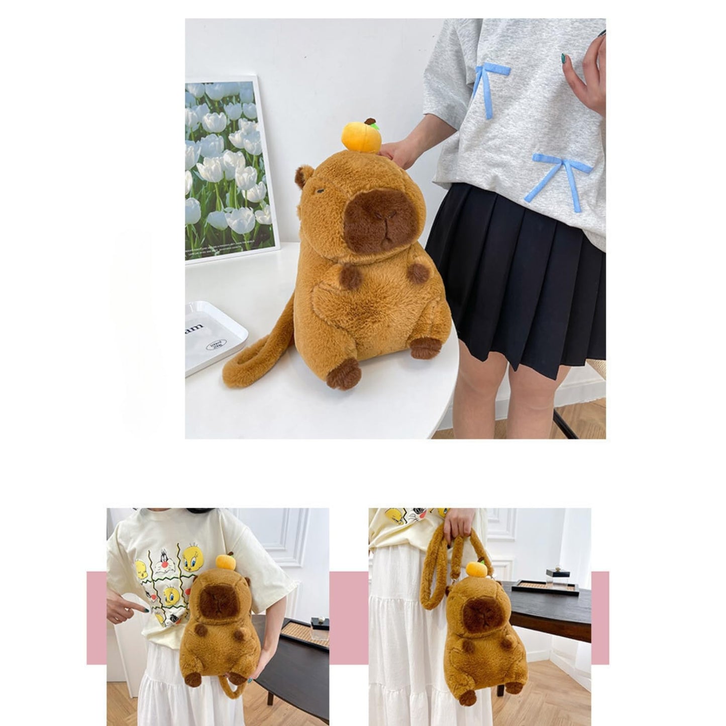 semmoi Capybara Plush Daypack - Kawaii Backpack, Y2K Aesthetic, Cute Daypack, Lightweight (Brown)
