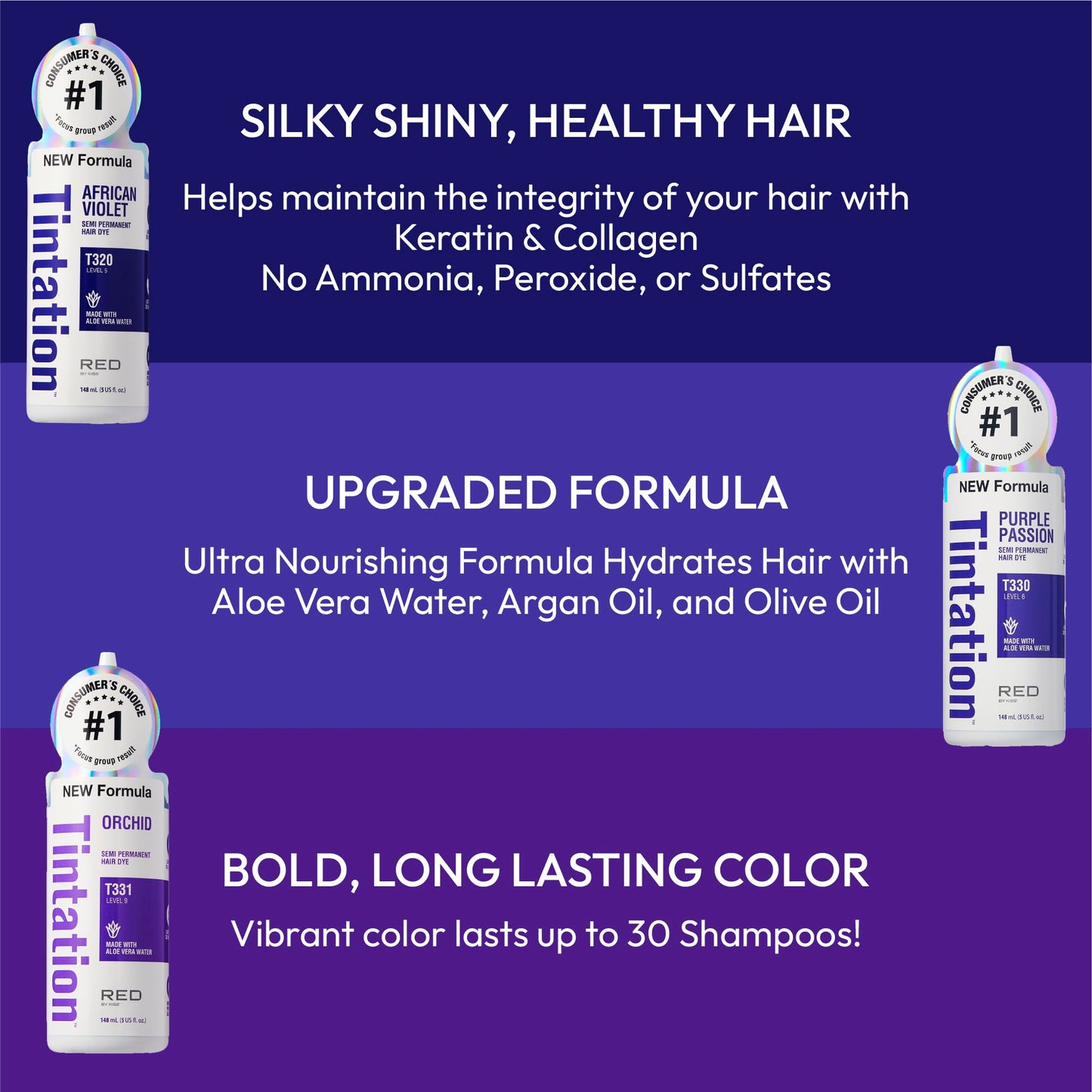 Red by Kiss Tintation Semi-Permanent Hair Color, Aloe Vera Water Based, Argan Oil, Olive Oil, Collagen & Keratin, Long-Lasting Color Dye (Orchid, 5 Fl