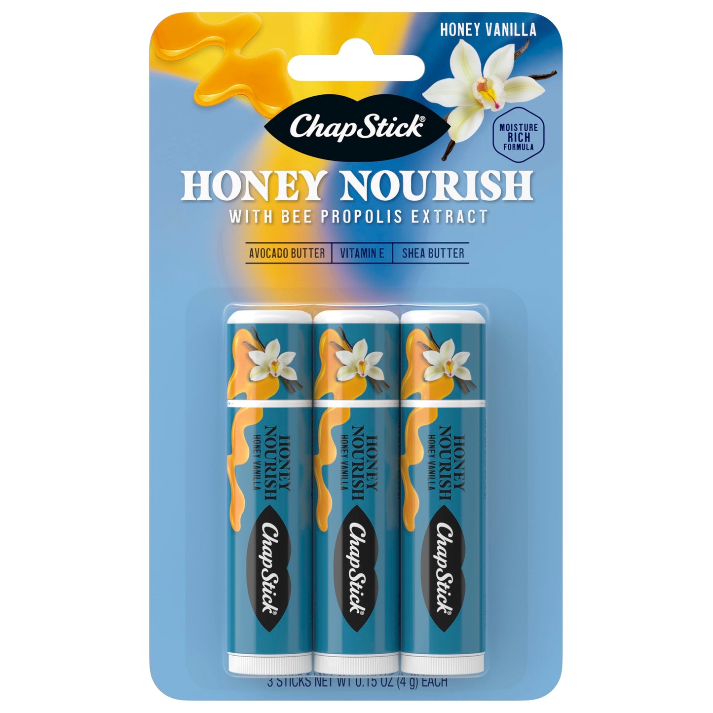 ChapStick Lip Balm Honey Nourish, Moisturizing Fomula with Shea Butter and Avocado Butter, Vitamin E, Honey Vanilla Flavor, 3CT BC .45OZ