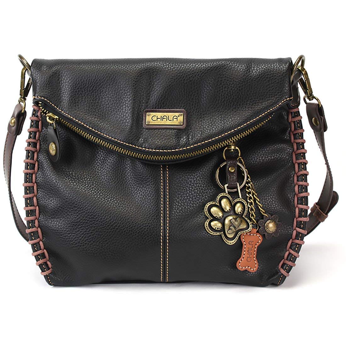 Chala Charming Crossbody Bag Shoulder Handbag With Flap Top and Zipper Black - Metal PawPrint