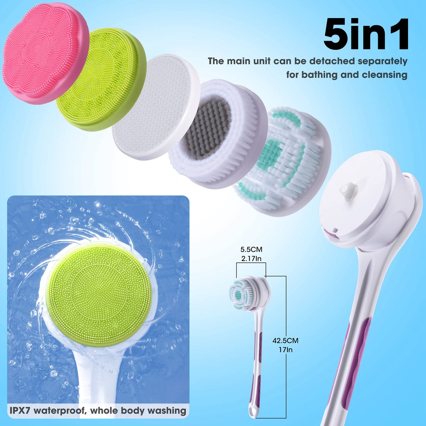 SoulBay Electric Body Brush with 5 Attachments: Rechargeable Back Brush IPX7 Long Handle Exfoliating Spin Scrubber for Shower Bathing Cleansing Wash