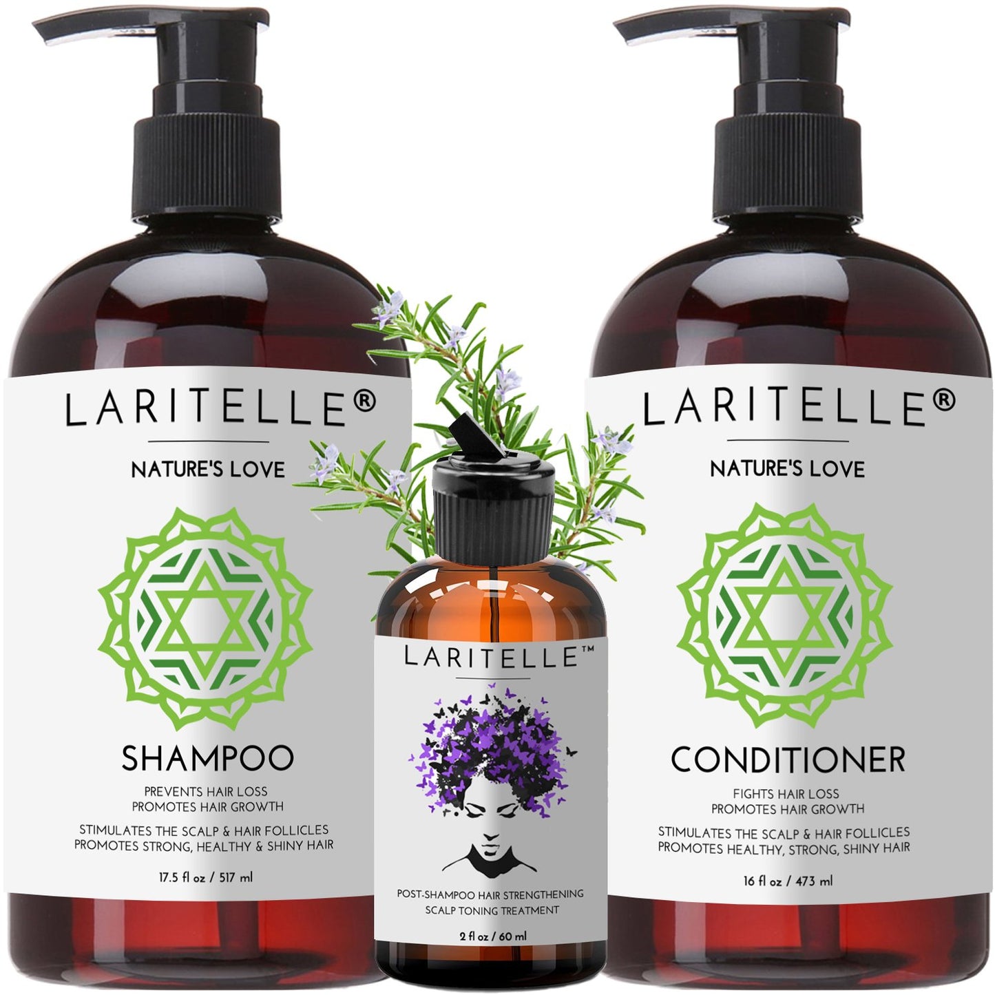 Laritelle Organic Hair Care Set Nature's Love: Shampoo 17.5 oz + Conditioner 16 oz + Bonus Post-shampoo Treatment 2 oz | NO GMO, Sulfates, Gluten