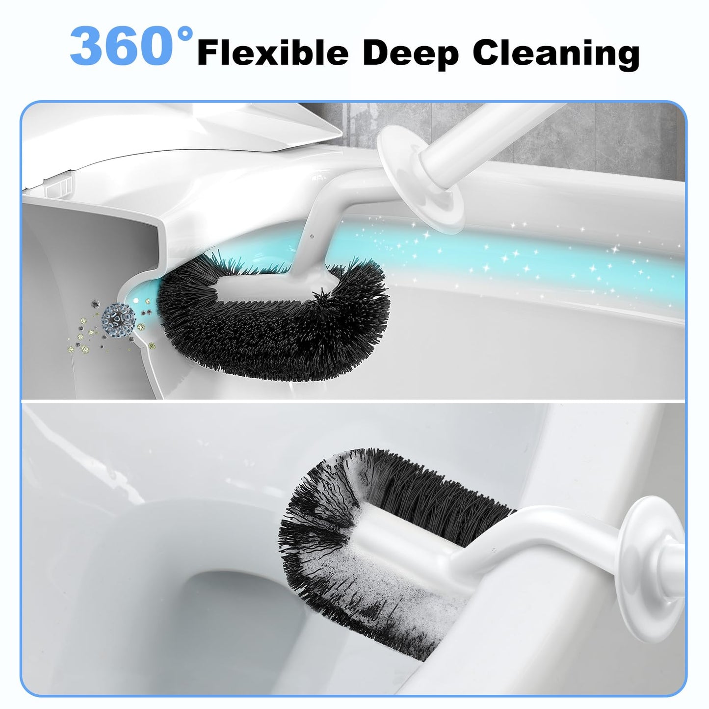 HAMITOR Toilet Brush with Holder – Curved Design for Deep Rim Cleaning, Compact Scrubber for Small Bathrooms & RVs – White