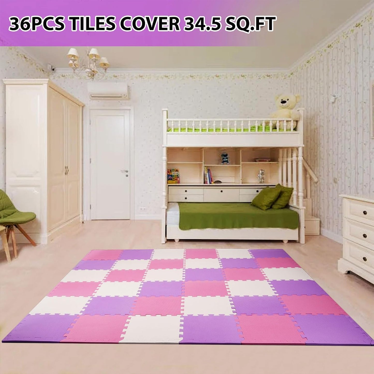 BalanceFrom Puzzle Play Mat – 36 Interlocking Foam Floor Tiles, Pink/Purple/Beige, Soft Playroom Flooring for Indoor & Outdoor Playpen