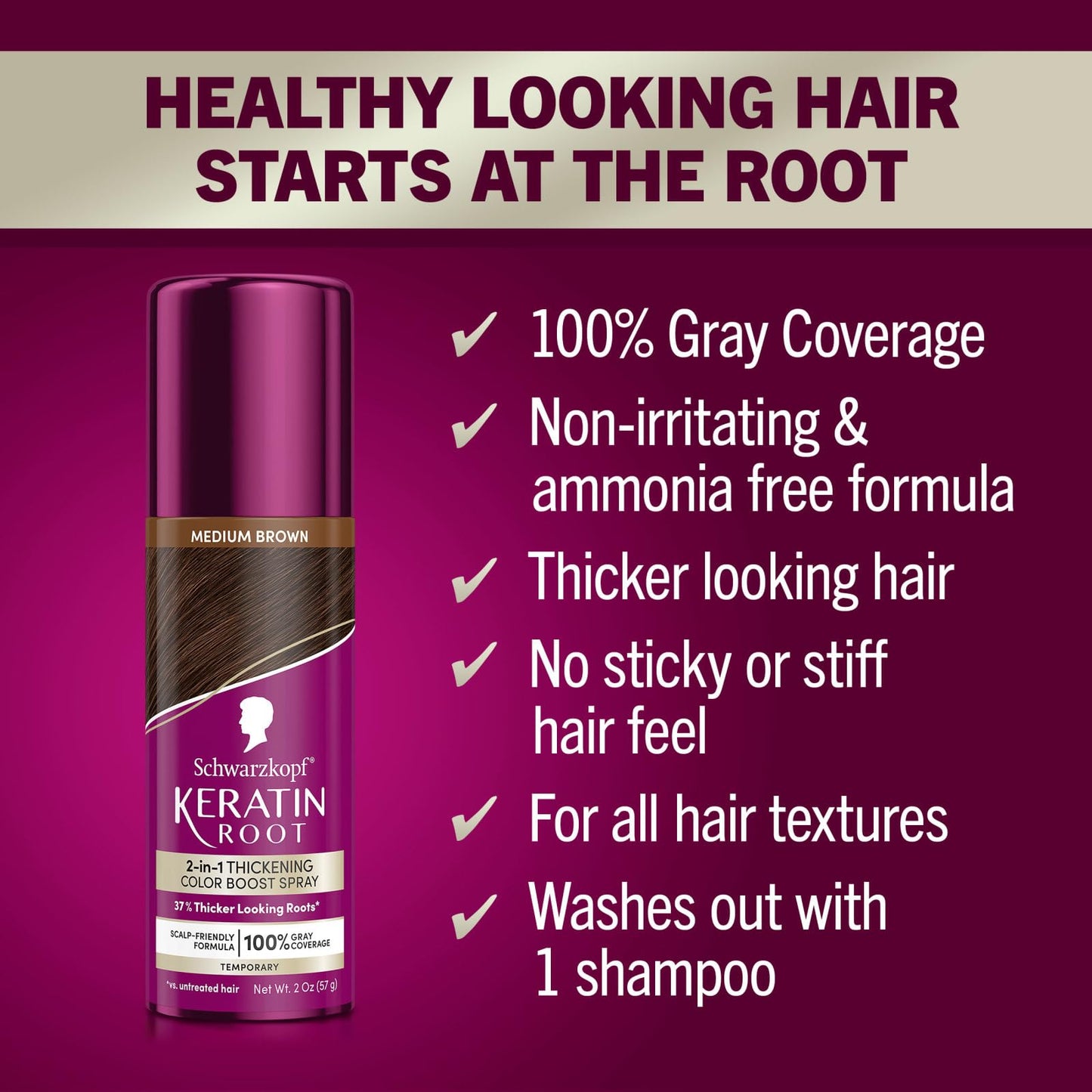 Schwarzkopf Keratin Color Root Temporary Hair Color Spray, Medium Brown, Instant Gray Coverage, Thicker, Fuller-Looking Roots, Easy-to-Use, No