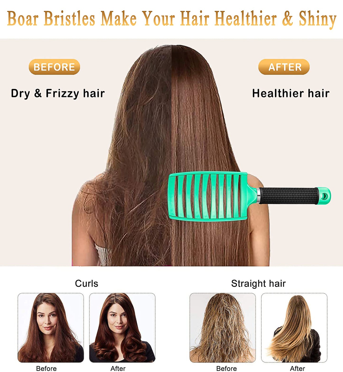 KTKUDY Detangling Brush Boar Bristles Hairbrush Make Hair Shiny & Healthier Curved and Vented Detangler Brush for Women Men Kids Wet & Dry Hair (Light