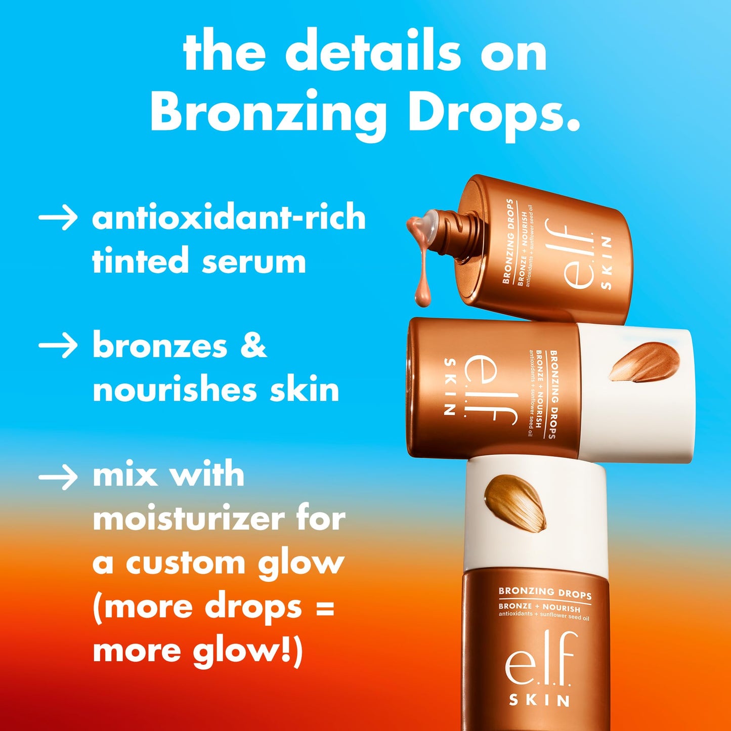 e.l.f. SKIN Bronzing Drops, Liquid Face Tinted Serum with Vitamin E & Sunflower Oil, Shimmer Finish, Vegan & Cruelty-Free, Copper Gold