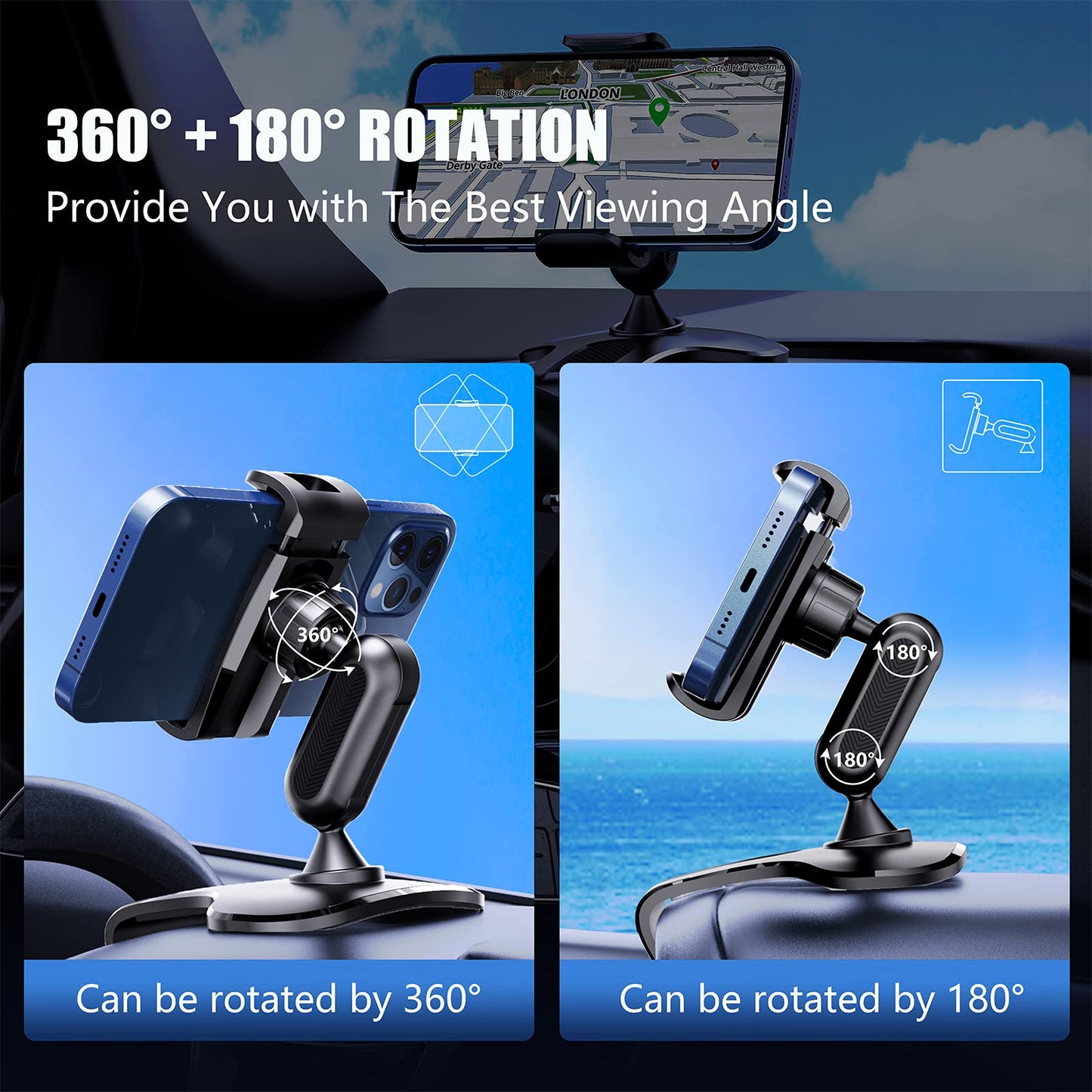 BANDICAL 360 Degree Rotation Dashboard Cell Phone Holder for Car Clip Mount Stand Suitable for 4 to 7 inch Smartphones (Black)
