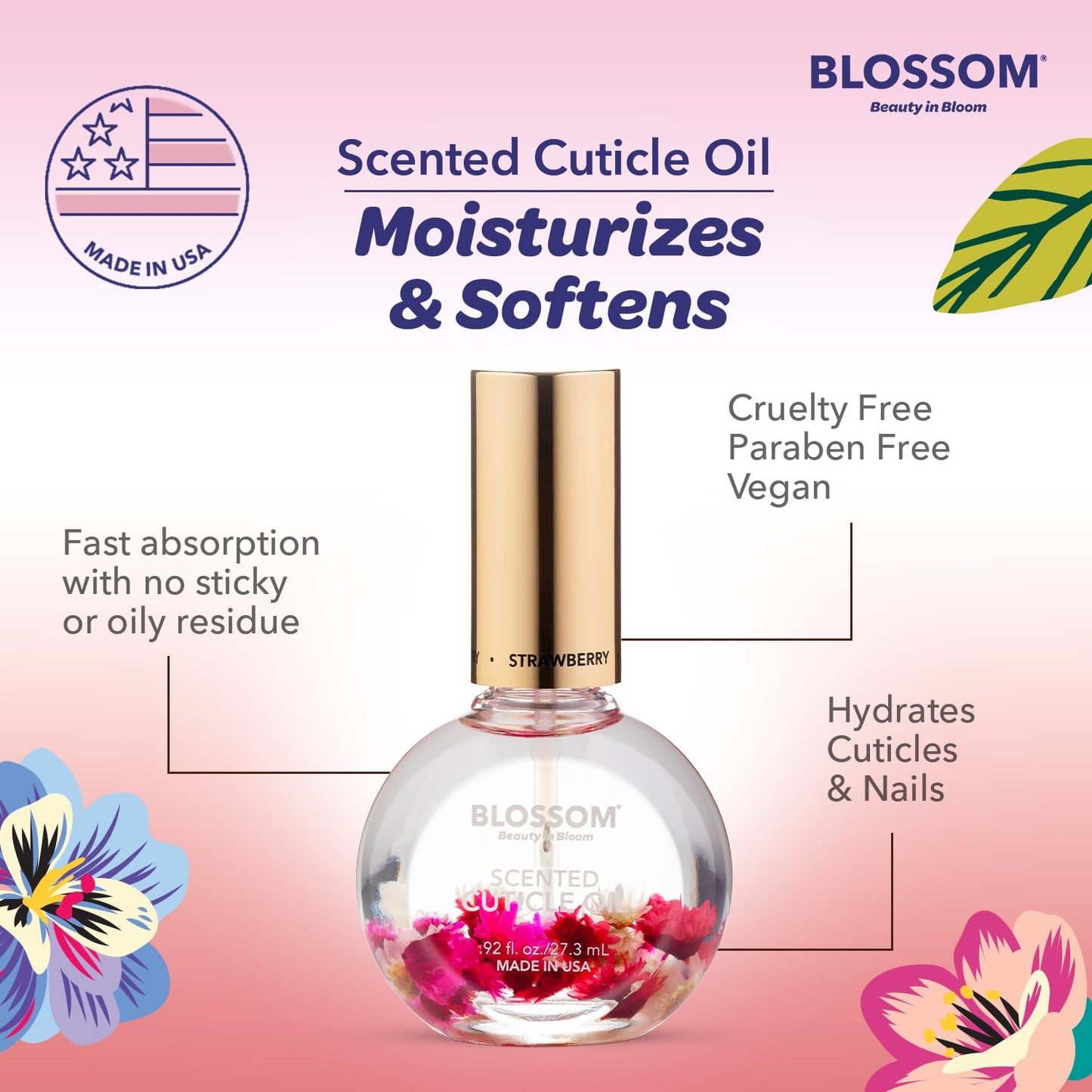 Blossom Cuticle Oil for Nails, Hydrating & Moisturizing, Scented Nail Care with Real Flowers, Made in USA, Strawberry, 0.92 fl oz