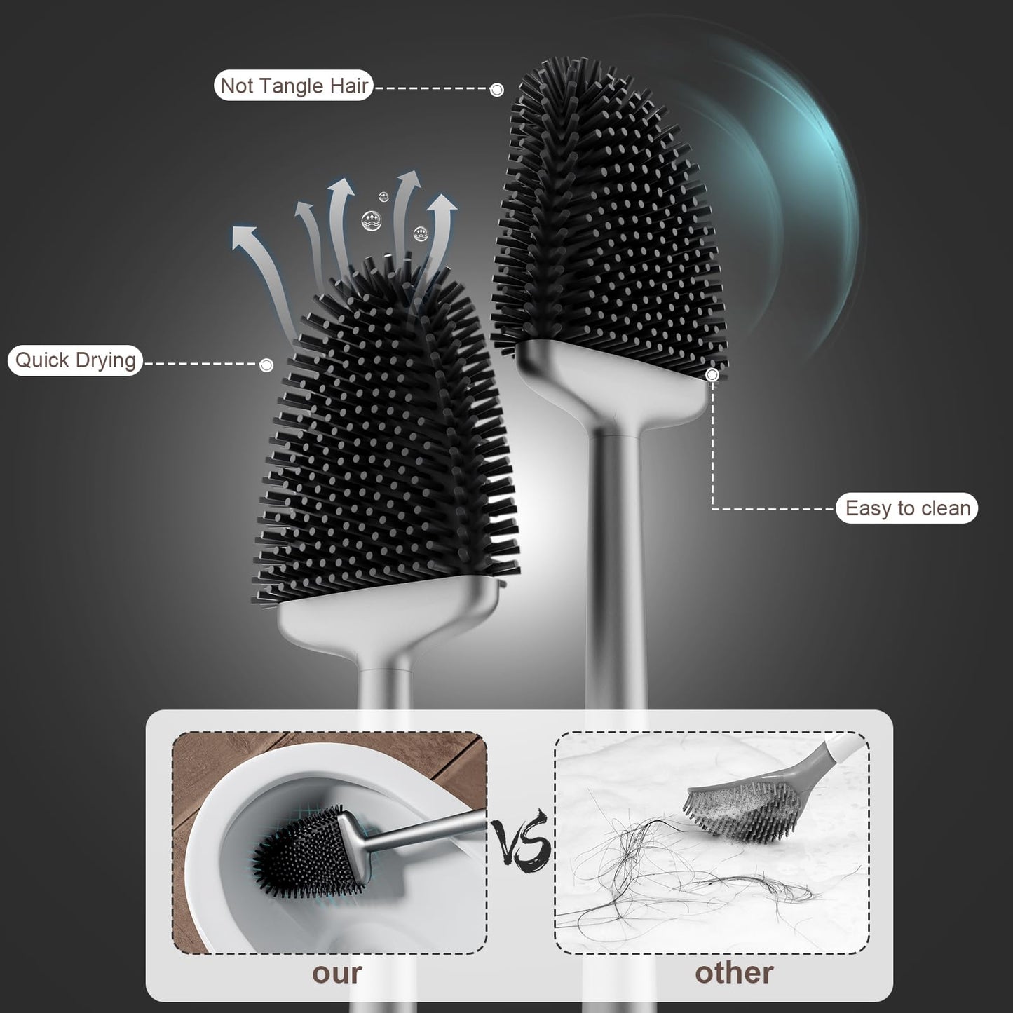 Sellemer Toilet Brush and Holder Set – Flexible Silicone Bristles, Compact Design with Ventilated Base – 1 Pack, Silver