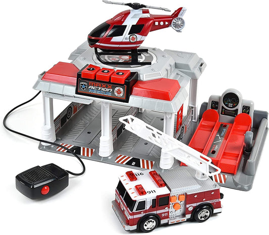 Fire & Rescue Garage Toy Set with Lights & Sounds – Parking Garage, Vehicle Lift, Intercom, Helicopter & Fire Truck with Friction Motor for Kids