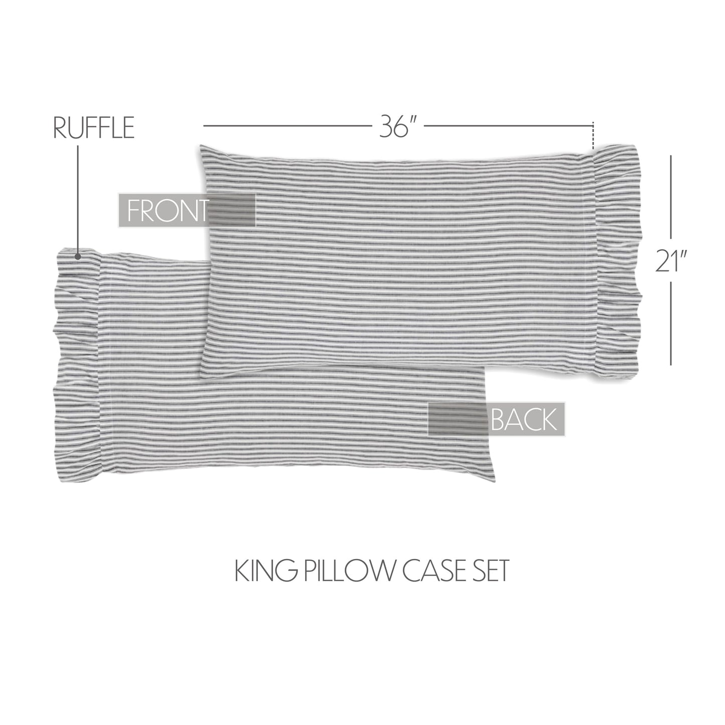 VHC Brands, Sawyer Mill Ruffled Stripe King Pillowcase, Black 21x36, Set of 2