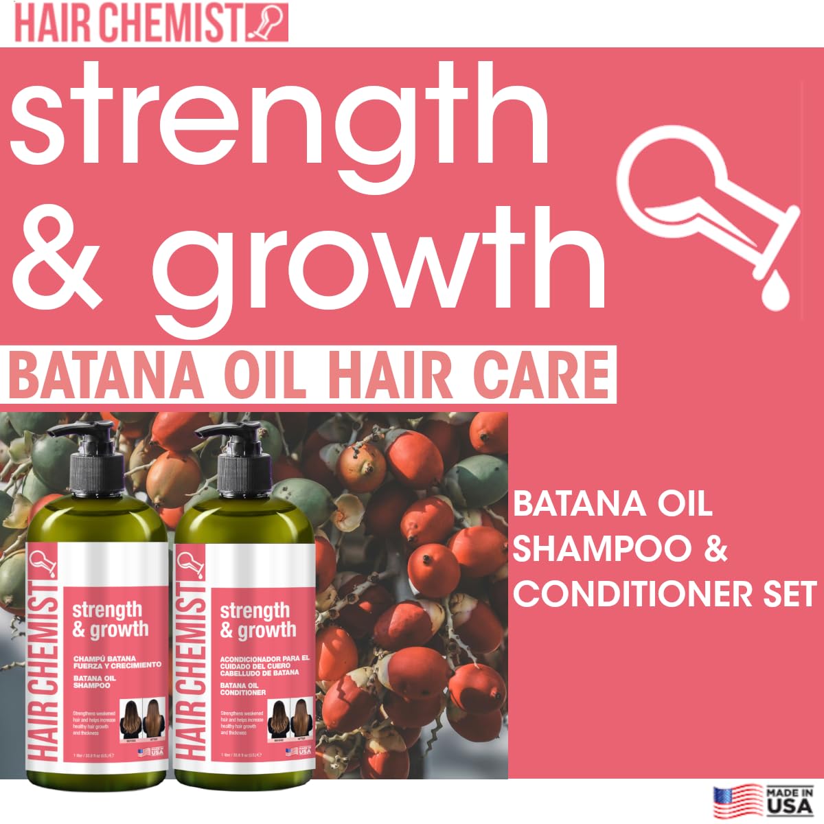 Hair Chemist Strength & Growth Batana Oil Shampoo and Conditioner Set 33.8 oz. (2-PC Set) - Batana Shampoo and Conditioner for Hair Growth, Thickening