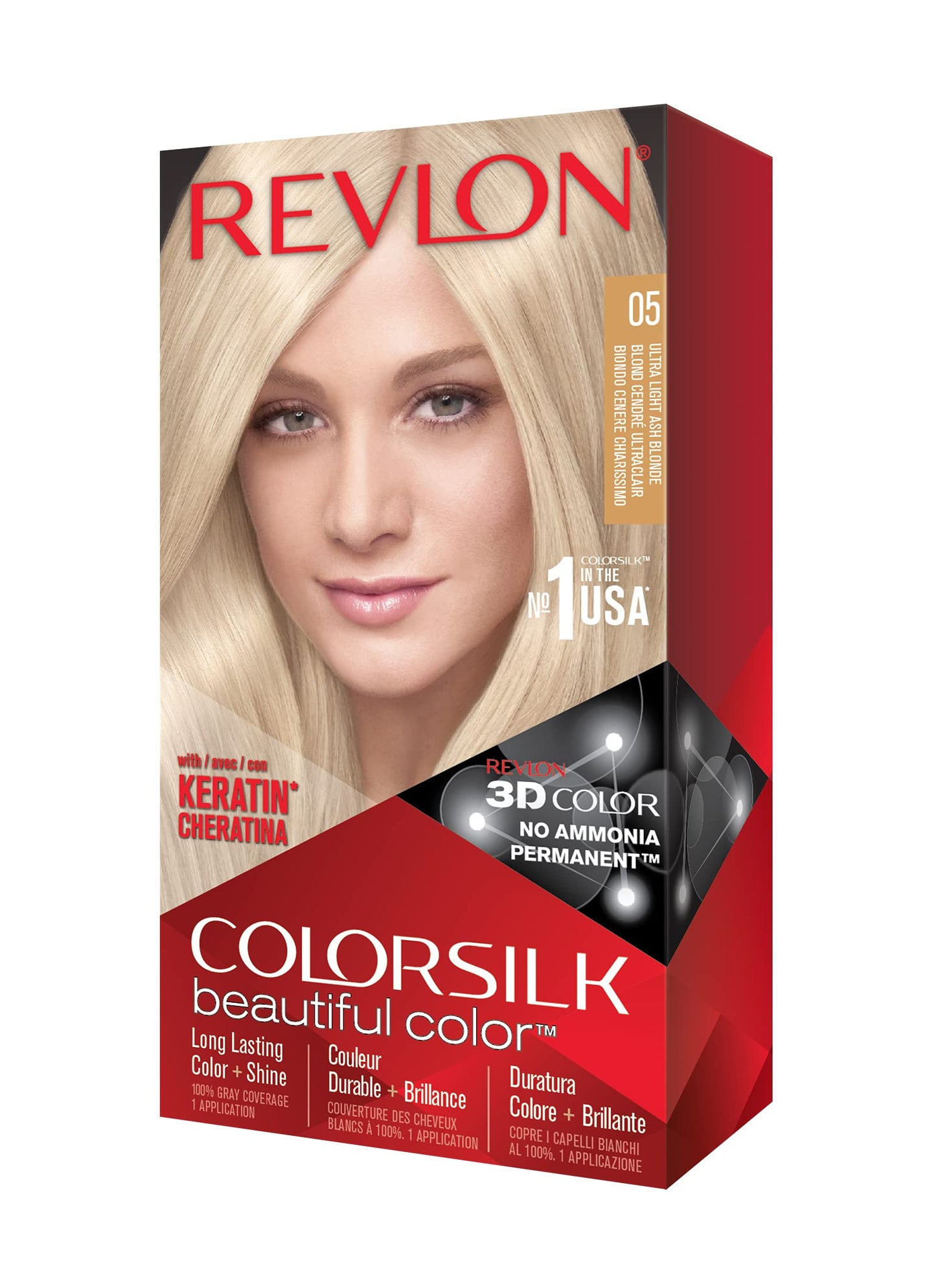 Revlon Permanent Hair Color, Permanent Hair Dye, Colorsilk with 100% Gray Coverage, Ammonia-Free, Keratin and Amino Acids, 05 Ultra Light Ash Blonde