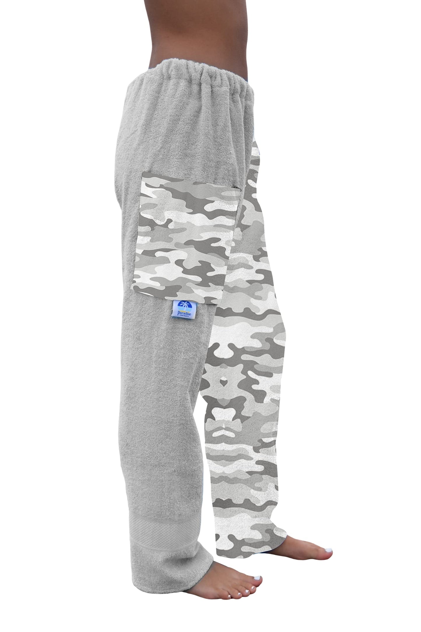 Paradise Towelwear Towel Pants for Swimmers - Cotton Terry Towel Pants - Beach Coverup - Swim wear - Grey Camo Camouflage Pattern