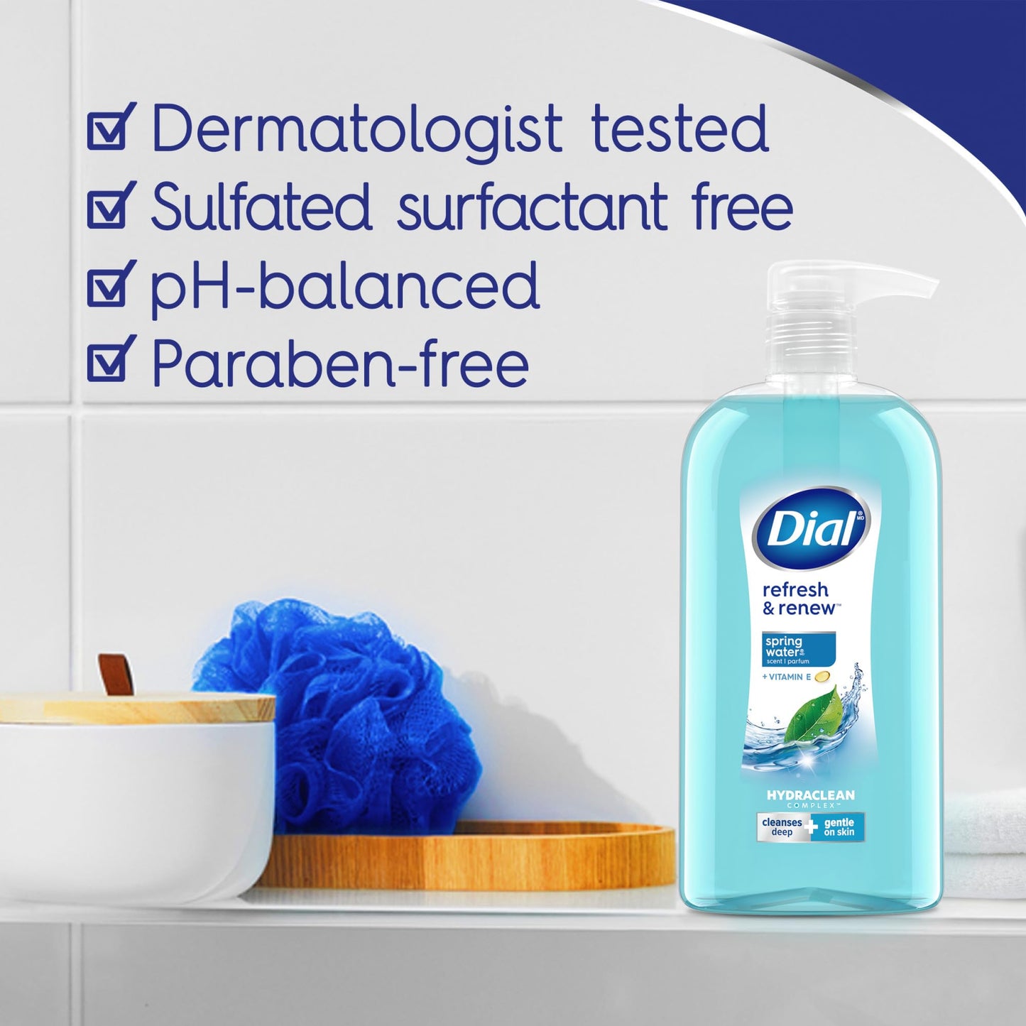Dial Body Wash, Refresh & Renew Spring Water, 23 Fl Oz (Pack of 3), Hydraclean Complex & Vitamin E, Gentle, Leaves Skin Feeling Nourished