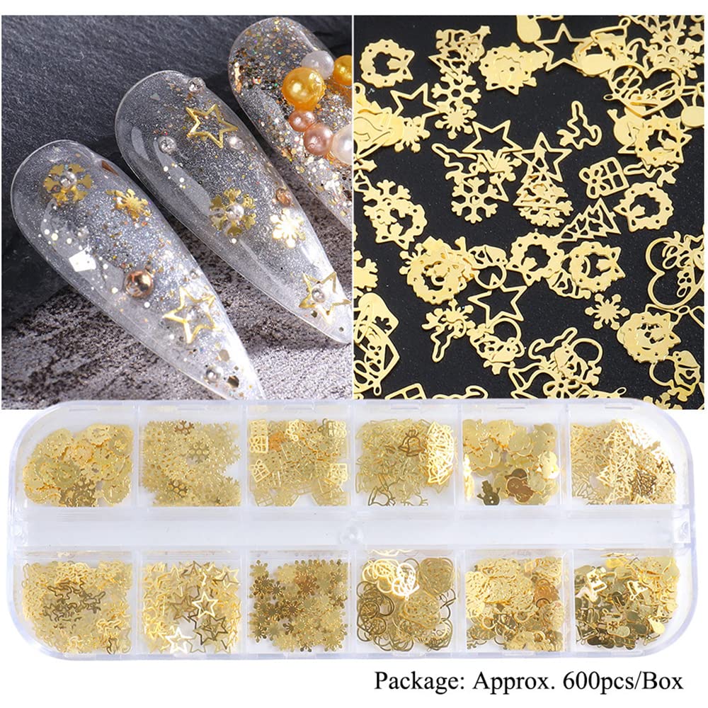 Christmas Nail Art Glitter, 12 Grids Gold Snowflake Nail Charms Snowflakes Snowmen Elk Bell Gift Xmas Tree Christmas Nail Design Winter Confetti